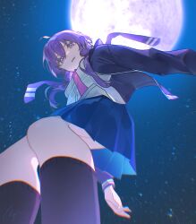 Rule 34 | 1girl, absurdres, agyou sonokou l, ahoge, black jacket, black socks, blazer, chromatic aberration, feet out of frame, from below, full moon, highres, jacket, kibou no tsuki (vocaloid), long hair, long sleeves, looking at viewer, miniskirt, moon, night, night sky, open clothes, open jacket, parted lips, pleated skirt, purple eyes, purple hair, shirt, skirt, sky, sleeve cuffs, socks, solo, vocaloid, white shirt, yuzuki yukari