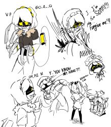 Rule 34 | 1boy, 2girls, claws, coat, colored skin, fictional persona, glasses, glitch productions, grey skin, hat, highres, j (murder drones), mecha girl, mechanical tail, multiple girls, murder drones, n (murder drones), robot girl, shiny skin, short hair, smile, tail, thighhighs, twintails, v (murder drones), yellow eyes