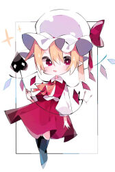 Rule 34 | 1girl, adapted costume, ascot, black thighhighs, card, chibi, collared shirt, fang, flandre scarlet, full body, hair between eyes, hat, holding, holding polearm, holding weapon, laevatein (touhou), looking at viewer, medium hair, mob cap, multicolored wings, nacht musik, no shoes, open mouth, orange ascot, playing card, pointy ears, polearm, red eyes, red ribbon, red skirt, red vest, ribbon, ribbon-trimmed headwear, ribbon trim, shirt, simple background, skirt, solo, thighhighs, touhou, vest, weapon, white background, white hat, white shirt, wings