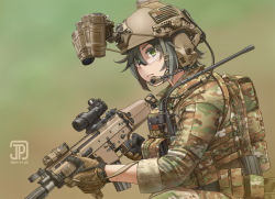 Rule 34 | 1girl, acog, assault rifle, backpack, bag, belt, belt pouch, black hair, camouflage, camouflage jacket, camouflage pants, commentary, english commentary, fn scar, gloves, gpnvg-18, green eyes, gun, headset, helmet, holding, holding weapon, jacket, jpc, kneeling, laser aiming module, load bearing vest, magazine (weapon), military, military uniform, night-vision device, on one knee, original, pants, pouch, rifle, safety glasses, scope, tactical clothes, trigger discipline, uniform, weapon, wide field of view device