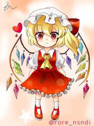Rule 34 | 1girl, ascot, blonde hair, closed mouth, collared shirt, crystal, flandre scarlet, frilled skirt, frilled sleeves, frills, full body, hat, hat ribbon, heart, light smile, looking at viewer, mary janes, medium hair, mob cap, multicolored wings, one side up, orange background, puffy short sleeves, puffy sleeves, red eyes, red footwear, red ribbon, red skirt, red vest, ribbon, ribbon-trimmed headwear, ribbon trim, rore (nsndi), shirt, shoes, short sleeves, simple background, skirt, socks, solo, touhou, vest, white hat, white shirt, white socks, wings, yellow ascot