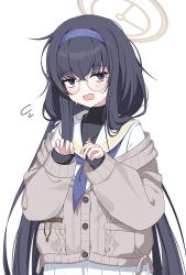 Rule 34 | 1girl, absurdres, black hair, black shirt, black undershirt, blue archive, blue eyes, blue hairband, blue neckerchief, blush, commentary request, glasses, grey sweater, hairband, halo, hands up, highres, jewelry, long hair, long sleeves, looking at viewer, neckerchief, necklace, off shoulder, open mouth, round eyewear, sailor collar, school uniform, serafuku, shirt, simple background, skirt, solo, sweater, ui (blue archive), upper body, very long hair, wasi, white background, white sailor collar, white serafuku, white shirt, white skirt, yellow halo