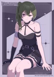 Rule 34 | 1girl, aoi suzu, bare shoulders, black dress, black gloves, blush, breasts, closed mouth, collarbone, dress, gloves, green hair, highres, long hair, looking at viewer, medium breasts, purple eyes, side ponytail, single glove, sitting, smile, solo, sousou no frieren, sweatdrop, thigh strap, thighs, ubel (sousou no frieren)