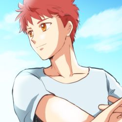 Rule 34 | day, emiya shirou, fate/stay night, fate (series), lowres, male focus, outdoors, red hair, shirt, smile, solo, takiji (micco), white shirt, yellow eyes