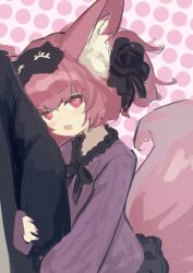 Rule 34 | 1girl, 1other, absurdres, alternate costume, animal ear fluff, animal ears, arknights, arm hug, blush, chack520, chinese commentary, commentary request, doctor (arknights), fingernails, fox ears, fox girl, fox tail, highres, looking at viewer, nail polish, open mouth, polka dot, polka dot background, purple eyes, purple hair, purple nails, purple shirt, shamare (arknights), shirt, short hair, solo focus, tail, twintails