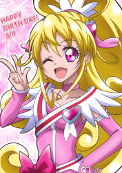Rule 34 | 1girl, ;d, aida mana, arm warmers, blonde hair, bow, brooch, choker, cure heart, dokidoki! precure, earrings, hair ornament, half updo, hand on own hip, hanzou, happy birthday, heart, heart brooch, heart hair ornament, highres, jewelry, long hair, looking at viewer, magical girl, one eye closed, open mouth, pink background, pink bow, pink choker, pink eyes, ponytail, precure, smile, solo, upper body, v