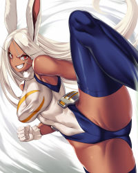 Rule 34 | 1girl, :d, animal ears, boku no hero academia, breasts, clenched hand, covered erect nipples, covered navel, crescent print, dark-skinned female, dark skin, fur collar, gloves, heattech leotard, highleg, highleg leotard, highres, large breasts, leg up, leotard, long eyelashes, long hair, looking at viewer, mirko, open mouth, parted bangs, rabbit ears, rabbit girl, rabbit tail, red eyes, smile, solo, tail, takanashi-a, taut leotard, teeth, thighhighs, thighs, toned, turtleneck, very long hair, white gloves, white hair, white leotard