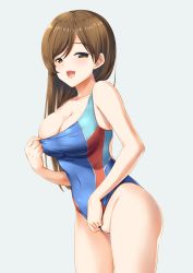 Rule 34 | 10s, 1girl, absurdres, bad id, bad pixiv id, blush, breasts, brown eyes, brown hair, cleavage, competition swimsuit, covered navel, highres, idolmaster, idolmaster cinderella girls, idolmaster cinderella girls starlight stage, large breasts, long hair, miyashita maka, nitta minami, one-piece swimsuit, open mouth, pussy, smile, solo, swimsuit