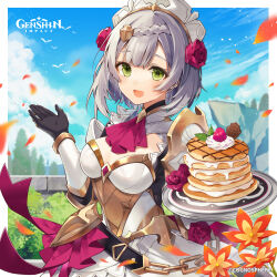 Rule 34 | 1girl, absurdres, armor, armored dress, black gloves, braid, braided bangs, breasts, chain, cloud, commentary, day, dress, english commentary, flower, food, genshin impact, gloves, green eyes, grey hair, hair flower, hair ornament, highres, holding, holding plate, logo, looking at viewer, maid headdress, medium breasts, noelle (genshin impact), official art, open mouth, orange flower, oshioshio, pancake, pancake stack, petals, plate, red flower, red rose, rose, short hair, sky, solo
