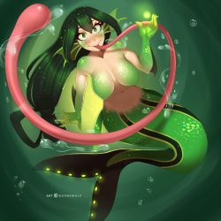 Rule 34 | 1girl, artist name, asui tsuyu, boku no hero academia, breasts, colored skin, commentary, doom x wolf, english commentary, fins, green eyes, green hair, green skin, hair between eyes, hand up, head fins, highres, long hair, long tongue, looking at viewer, low-tied long hair, medium breasts, mermaid, monster girl, monsterification, multicolored skin, navel, scales, smile, solo, tongue, tongue out, underwater, very long hair, very long tongue, watermark, webbed hands