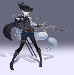 Rule 34 | 1girl, absurdres, ascot, boots, borrowed character, cape, commentary request, commission, expressionless, full body, gradient background, hat, hat feather, highres, holding, holding sword, holding weapon, long hair, looking at viewer, mytea (soso), original, pantyhose, pantyhose under shorts, pigeon-toed, purple eyes, shadow, sheath, shorts, skeb commission, solo, standing, sword, thigh strap, unsheathed, very long hair, weapon, white hair