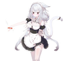 Rule 34 | 1girl, absurdres, animal ears, apron, bare shoulders, bell, black dress, breasts, brown eyes, cat ears, cat girl, cat tail, cleavage, commentary, dress, frilled apron, frills, grey hair, highres, jitome, large breasts, long hair, looking at viewer, maid, maid headdress, original, outstretched arm, solo, symbol-only commentary, tail, tail bell, tail ornament, thighhighs, twintails, unamused, waist apron, white apron, white background, white thighhighs, yuui hutabakirage