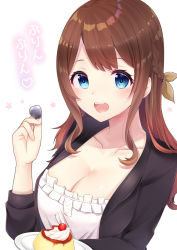 Rule 34 | 10s, 1girl, :d, black jacket, blue eyes, blush, braid, breasts, brown hair, character request, cherry, cleavage, collarbone, commentary request, dress, food, fruit, hair ribbon, heart, highres, holding, holding plate, holding spoon, jacket, large breasts, long hair, long sleeves, looking at viewer, open mouth, plate, pudding, ribbon, rokuroba tamayo, ryuuou no oshigoto!, shiarisu, smile, solo, spoon, teeth, translated, upper teeth only, white background, white dress, yellow ribbon