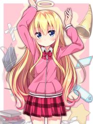 Rule 34 | 10s, 1girl, arms up, bag, blonde hair, blue eyes, book stack, cross, gabriel dropout, halo, handheld game console, hood, hoodie, horn (instrument), horns, long hair, looking at viewer, necktie, plaid, plaid skirt, playstation portable, pleated skirt, school bag, school uniform, single horn, skirt, solo, gabriel tenma white, usume shirou, very long hair, zipper