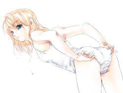 Rule 34 | 1girl, adjusting clothes, adjusting swimsuit, alternate costume, arms behind back, ass, bad id, bad pixiv id, bent over, blonde hair, blue eyes, breasts, closed mouth, cowboy shot, eyebrows, highres, kagamine rin, looking away, nerisu, one-piece swimsuit, simple background, small breasts, solo, swimsuit, vocaloid, wet, wet hair, white background, white one-piece swimsuit