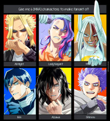 Rule 34 | 2girls, 4boys, absurdres, animal ears, bare shoulders, black hair, black jacket, black sclera, blonde hair, blood, blood on face, blue background, blue eyes, blue hair, boku no hero academia, bruise, character name, clenched teeth, collarbone, colored sclera, commentary, cutting hair, dark-skinned female, dark skin, english commentary, eraser head (boku no hero academia), fur collar, gloves, grey hair, grey scarf, grey shirt, hand up, highres, iida tenya, injury, jacket, lady nagant, mirko, multicolored hair, multiple boys, multiple drawing challenge, multiple girls, orange background, pink background, pink hair, portrait, purple gloves, purple hair, rabbit ears, red background, scarf, shinsou hitoshi, shirt, six fanarts challenge, teeth, tongue, tongue out, trevo (trevoshere), two-tone hair, yagi toshinori, yellow background
