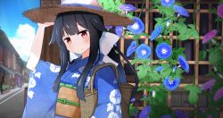 Rule 34 | 1girl, basket, black hair, blunt bangs, blurry, blush, bow, cloud, depth of field, floral print, flower, hair bow, hand on headwear, hat, head tilt, highres, japanese clothes, kerria japonica, kimono, long hair, looking at viewer, looking to the side, morning glory print, obi, original, outdoors, plant, ponytail, red eyes, road, sash, sidelocks, sky, smile, solo, straw hat, street, summer, sunlight, tamanoti, town, upper body, vines, wicker basket