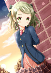 Rule 34 | 1girl, arms behind back, blazer, blue jacket, blush, bow, breasts, brick wall, brown skirt, closed mouth, cloud, commentary request, dutch angle, elize lutus, green bow, green eyes, green hair, hair bow, highres, jacket, long sleeves, looking at viewer, night, night sky, pleated skirt, red neckwear, shirt, skirt, sky, small breasts, smile, solo, sunset, swept bangs, tales of (series), tales of xillia, twintails, xenon (for achieve), yellow shirt