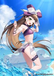 Rule 34 | 1girl, ;d, anne (wixoss), ass, bare shoulders, bikini, blue sky, bow, brown hair, cloud, copyright notice, day, detached sleeves, green eyes, hair bow, hands up, horizon, long hair, ocean, official art, one eye closed, open mouth, outdoors, puffy short sleeves, puffy sleeves, purple bikini, sarong, see-through, see-through sleeves, short sleeves, sky, smile, solo, splashing, swimsuit, very long hair, water, wixoss, yamabukiiro