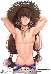 Rule 34 | 1boy, abs, bad id, bad twitter id, bare pectorals, fire emblem, fire emblem fates, hat, kero sweet, long hair, male focus, nintendo, nipples, pectorals, simple background, smile, solo, spiked hair, sun hat, takumi (fire emblem), very long hair, white background