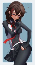 Rule 34 | 1girl, ahoge, black bodysuit, black skirt, blue background, blush, bodysuit, braid, breasts, brown hair, clothes lift, commentary request, contrapposto, dated, finger to own chin, fingerless gloves, gloves, hair flaps, hair ornament, hairpin, highres, kantai collection, light smile, medium breasts, necktie, pleated skirt, red necktie, seductive smile, shigure (kancolle), shigure kai san (kancolle), shirt, simple background, single braid, skirt, skirt lift, sleeveless, sleeveless shirt, smile, solo, twitter username, two-tone background, umibudou, white background