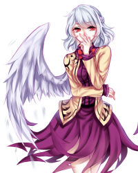 Rule 34 | 1girl, absurdres, bad id, bad pixiv id, braid, covering own mouth, dress, feathered wings, french braid, highres, jacket, kishin sagume, long sleeves, purple dress, red eyes, sheya, short dress, short hair, silver hair, single wing, solo, touhou, wings