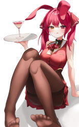 Rule 34 | 1girl, absurdres, animal ears, ascot, belt, blue gemstone, blush, breasts, brown belt, brown pantyhose, buttons, closed mouth, commentary, cup, drinking glass, fake animal ears, feet, feet out of frame, full body, gem, gold trim, hair between eyes, hair ribbon, heterochromia, highres, holding, holding tray, hololive, houshou marine, jacket, large breasts, leather belt, long hair, looking at viewer, miniskirt, no shoes, orange eyes, pantyhose, pirate, pleated skirt, rabbit ears, red ascot, red eyes, red hair, red jacket, red ribbon, red skirt, ribbon, simple background, sitting, skirt, sleeveless, sleeveless jacket, solo, tongue, tongue out, tray, twintails, virtual youtuber, white background, yuje kr