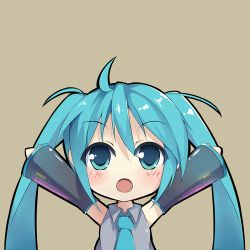 Rule 34 | 1girl, aqua hair, arms up, bad id, bad pixiv id, blush, chibi, detached sleeves, green eyes, hatsune miku, long hair, lowres, necktie, open mouth, outstretched arms, simple background, solo, sutorora, twintails, vocaloid