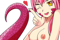 Rule 34 | 10s, 1girl, :d, breasts, close-up, fang, fingernails, heart, lamia, large breasts, long fingernails, long hair, looking at viewer, miia (monster musume), monster girl, monster musume no iru nichijou, nipples, nude, one eye closed, open mouth, pink hair, pointy ears, ringed eyes, saberkung, scales, simple background, slit pupils, smile, solo, white background, yellow eyes
