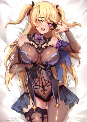 Rule 34 | 1girl, alternate breast size, bare shoulders, bed sheet, black gloves, blonde hair, blush, bodystocking, bodysuit, bow, bowtie, breasts, covered navel, eyepatch, eyepatch lift, fischl (genshin impact), fishnet bodysuit, fishnets, foxyreine, garter straps, genshin impact, gloves, green eyes, hair ribbon, heart, heart-shaped pupils, heterochromia, highres, large breasts, looking at viewer, lying, on back, open mouth, purple bow, purple bowtie, purple eyes, ribbon, single glove, single leg pantyhose, single thighhigh, smile, solo, symbol-shaped pupils, thighhighs, two side up