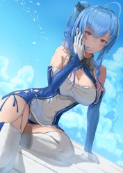 Rule 34 | 1girl, azur lane, blue hair, blue sky, breasts, cleavage, closed mouth, cloud, dress, garter straps, gloves, hair ornament, hand in own hair, hand on floor, highres, long hair, looking at viewer, medium breasts, purple eyes, sankyo (821-scoville), sitting, sky, smile, solo, st. louis (azur lane), thighhighs, white gloves, white thighhighs