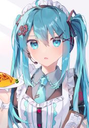 Rule 34 | 1girl, :o, absurdres, apron, blue eyes, blue hair, food, frills, hair between eyes, hair ornament, hair ribbon, hairclip, hatsune miku, headset, highres, holding, holding food, kurobikari, looking at viewer, maid, necktie, omelet, omurice, open mouth, ribbon, twintails, vocaloid, wrist cuffs
