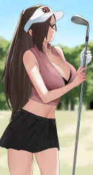 Rule 34 | 1girl, bare shoulders, black bra, black skirt, blurry, blurry background, bra, breasts, brown eyes, brown hair, cleavage, commentary request, cowboy shot, fire emblem, fire emblem fates, gloves, golf club, hair over one eye, highres, holding, holding golf club, huge breasts, kagero (fire emblem), large breasts, long hair, midriff, miniskirt, navel, nintendo, oyatsu 0, partial commentary, partially unzipped, ponytail, single glove, skirt, sleeveless, solo, underwear, unzipped, very long hair, visor cap, white gloves, zipper