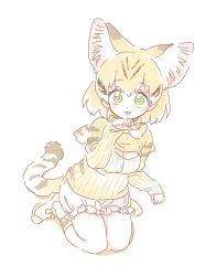 Rule 34 | 10s, 1girl, :p, animal ears, blonde hair, blush, breasts, cat ears, cat tail, cleavage, cleavage cutout, clothing cutout, commentary request, extra ears, green eyes, hand up, kemono friends, kneeling, long sleeves, medium breasts, meme attire, mitsumoto jouji, open-chest sweater, pale color, paw pose, ribbed sweater, sand cat (kemono friends), short hair, simple background, solo, sweater, tail, tongue, tongue out, white background, yellow sweater