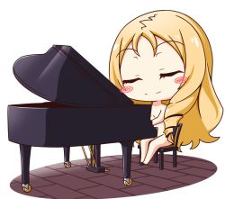 Rule 34 | 10s, 1girl, barefoot, blonde hair, blush stickers, busoushinkimms, casual nudity, chair, chibi, closed eyes, closed mouth, curly hair, eromanga sensei, full body, instrument, long hair, music, nude, nudist, piano, piano bench, playing instrument, playing piano, sitting, smile, solo, very long hair, white background, yamada elf