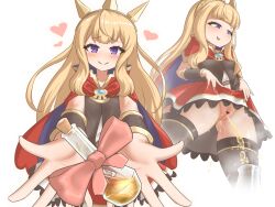 Rule 34 | 1girl, blonde hair, blush, cagliostro (granblue fantasy), censored, clothes lift, giving, granblue fantasy, heart, heart censor, long hair, looking at viewer, no panties, parted lips, pee, peeing, peeing in container, purple eyes, pussy, skirt, skirt lift, smile, upskirt, vial