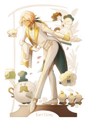 Rule 34 | 1boy, absurdres, blonde hair, bowing, brooch, cake, candle, character name, cloth, coat, collared shirt, commentary, cookie run, crossed legs, cup, dress shoes, duster, earl grey cookie, english commentary, falling petals, feather duster, food, formal, glasses, gloves, green eyes, green ribbon, hair ribbon, highres, holding, holding plate, humanization, jewelry, lapels, leaning forward, looking at viewer, low ponytail, male focus, mayst0rm, notched lapels, outstretched arm, pants, parted bangs, petals, plate, ribbon, round eyewear, shirt, shoes, smile, socks, solo, standing, suit, swiss roll, tailcoat, teacup, teapot, trap, two-sided fabric, vest, watson cross, white background, white coat, white footwear, white gloves, white pants, white shirt, white suit, white tailcoat, white vest, yellow-framed eyewear, yellow socks