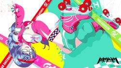 Rule 34 | 1girl, artist request, blue eyes, blue hair, braid, braided ponytail, breasts, detached sleeves, glasses, highres, jacket, large breasts, looking at viewer, magicami, miniskirt, official art, official wallpaper, okada marianne, racing, roller skates, skates, skirt, smile