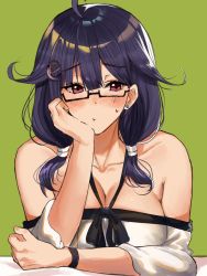 Rule 34 | 1girl, ahoge, alternate costume, arm rest, bad id, bad twitter id, bespectacled, black wristband, blush, breasts, cleavage, collarbone, dress, earrings, glasses, green background, hair ornament, hair tie, halterneck, hand on own cheek, hand on own face, head rest, highres, inusaka, jewelry, kantai collection, large breasts, long hair, looking at viewer, oekaki, off shoulder, purple eyes, purple hair, simple background, solo, strapless, stud earrings, sweatdrop, taigei (kancolle), twintails, upper body, whale hair ornament, white dress