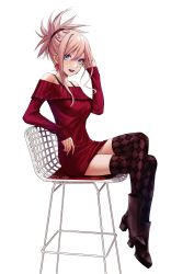 Rule 34 | 1girl, ankle boots, applekun, argyle, argyle clothes, argyle legwear, blue eyes, blush, boots, breasts, chair, contemporary, crossed legs, earrings, fate/grand order, fate (series), hair ornament, hair scrunchie, high heel boots, high heels, highres, jewelry, large breasts, legs, long hair, looking at viewer, miyamoto musashi (fate), off-shoulder sweater, off shoulder, open mouth, pink hair, ponytail, red scrunchie, red sweater, scrunchie, sitting, smile, sweater, swept bangs, thighhighs
