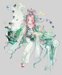 Rule 34 | 1girl, animal ears, chinese clothes, closed mouth, dress, fox ears, fox mask, green dress, grey background, hair ornament, happybiirthd, highres, holding, jewelry, long hair, long sleeves, looking at viewer, mask, original, parted bangs, patterned clothing, petals, pink eyes, pink hair, scroll, sidelocks, simple background, sitting, smile, solo, traditional clothes, very long sleeves