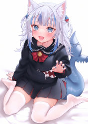 Rule 34 | 1girl, animal ear fluff, black shirt, blouse, fins, fish tail, gawr gura, highres, hololive, hololive english, looking at viewer, neck bell, school uniform, serafuku, shirt, solo, tail, thighhighs, virtual youtuber, white background, white thighhighs, zhaofeng yinyue