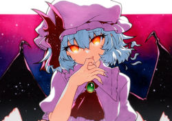 Rule 34 | 1girl, :d, ascot, bad id, bad twitter id, bat wings, bright pupils, brooch, dress, fang, fingernails, hand up, hat, highres, jewelry, light particles, looking at viewer, mob cap, open mouth, qqqrinkappp, remilia scarlet, sharp fingernails, skin fang, sky, smile, solo, touhou, wings