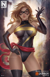 Rule 34 | 1girl, bare shoulders, black thighhighs, blonde hair, blue eyes, blush, breasts, carol danvers, closed mouth, covered navel, domino mask, elbow gloves, gloves, hand on own hip, large breasts, leotard, lips, long hair, marvel, mask, ms. marvel, nopeys, sash, skin tight, solo, superhero costume, thighhighs, thighs