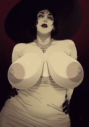 Rule 34 | 1girl, alcina dimitrescu, black hair, breasts, breasts apart, breasts out, clothes pull, contrapposto, curvy, dress, dress pull, earrings, gloves, hands on own hips, hat, highres, huge breasts, jewelry, large areolae, lipstick, looking at viewer, lunasanguinis, makeup, mature female, necklace, nipples, pale skin, parted lips, pearl necklace, puffy nipples, red lips, resident evil, resident evil village, sagging breasts, short hair, solo, sun hat, upper body, white dress, yellow eyes