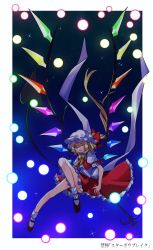 Rule 34 | 1girl, ;d, blonde hair, blouse, bobby socks, border, bow, bowtie, commentary, crystal, flandre scarlet, full body, hair between eyes, hat, hat bow, highres, knee up, laevatein (touhou), long hair, looking at viewer, mary janes, miko (miko030751), mob cap, night, night sky, one eye closed, one side up, open clothes, open mouth, open vest, puffy short sleeves, puffy sleeves, red bow, red eyes, red footwear, red skirt, red vest, shirt, shoes, short sleeves, skirt, sky, smile, socks, solo, spell card, star (sky), starry sky, teeth, touhou, translated, upper teeth only, very long hair, vest, waist bow, white border, white bow, white hat, white shirt, white socks, wings, yellow bow