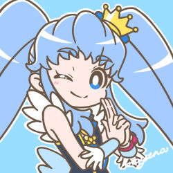 Rule 34 | 1girl, ;), blue background, blue eyes, blue hair, blush, bright pupils, closed mouth, crown, cure princess, happinesscharge precure!, highres, jewelry, kuji-in, long hair, looking at viewer, low wings, magical girl, mayena, mini crown, one eye closed, outline, precure, shirayuki hime, sidelocks, signature, simple background, sleeveless, smile, solo, twintails, upper body, white outline, white pupils, wings, wrist cuffs