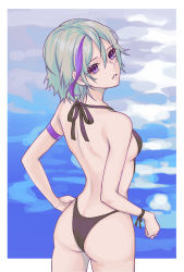 Rule 34 | 1girl, alternate costume, aqua hair, ass, back, back focus, bare back, bare shoulders, bikini, black bikini, breasts, contender (girls&#039; frontline), danxing aipangzi, feet out of frame, from behind, girls&#039; frontline, halterneck, highres, looking at viewer, medium breasts, multicolored hair, open mouth, purple eyes, short hair, sideboob, simple background, solo, standing, streaked hair, swimsuit