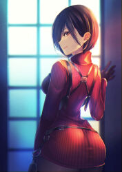 Rule 34 | 1girl, ada wong, ass, black gloves, breasts, brown eyes, closed mouth, dress, from behind, gloves, long sleeves, looking at viewer, looking back, nana (kanaonet7), resident evil, resident evil 4, resident evil 4 (remake), short hair, smile, solo, sweater, tagme