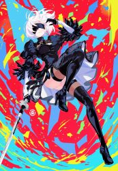 Rule 34 | 1girl, 2b (nier:automata), ass, atomicmrshmallw, black blindfold, black dress, black hairband, black thighhighs, blindfold, boots, breasts, cleavage, cleavage cutout, clothing cutout, covered eyes, dress, floating, gloves, hairband, highres, holding, holding sword, holding weapon, juliet sleeves, large breasts, leotard, long sleeves, mole, mole under mouth, nier:automata, nier (series), puffy sleeves, short hair, solo, sword, thighhighs, weapon, white hair